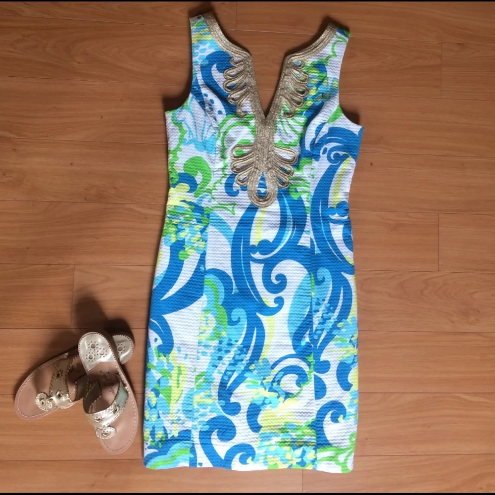 Lilly Pulitzer Blue White Green Printed Midi Dress with Gold Trim - Picture 2 of 10